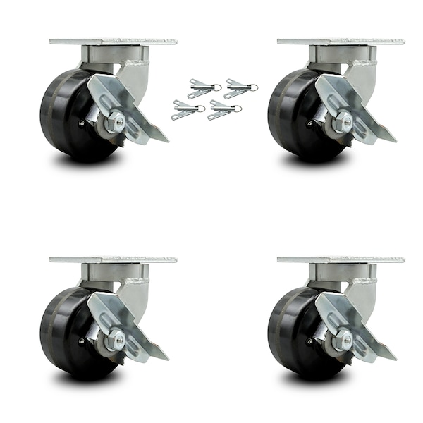 6 Inch Heavy Duty Phenolic Wheel Caster Set with Brakes and Swivel Locks, 4PK